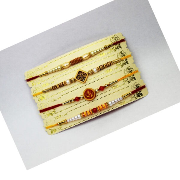 Jack and Rex Traditional 4 Rakhi Combo Set – Om, Ganesha, Rudraksh & Pearl Rakhi Threads for Brother