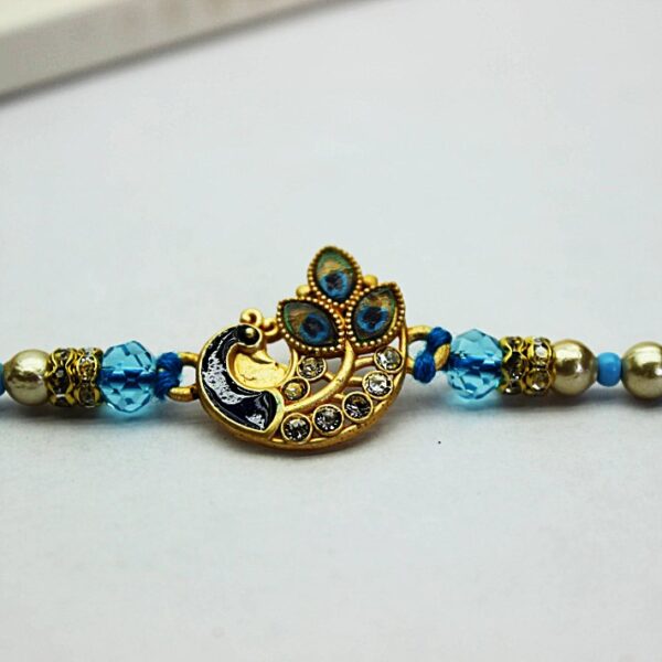 Jack and Rex Peacock Rakhi for Brother – Blue CZ Stone Beaded Raksha Bandhan Thread with Enamel Detailing