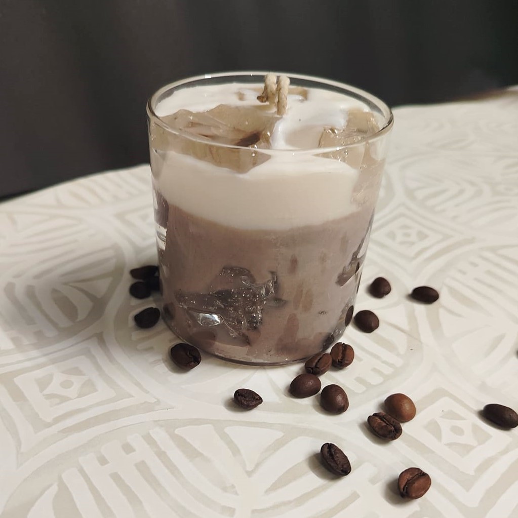 WhatsApp Image 2025-06-14 at 5.37.09 PM (6) A dessert-themed iced mocha swirl soy candle with whipped topping in a transparent glass jar.